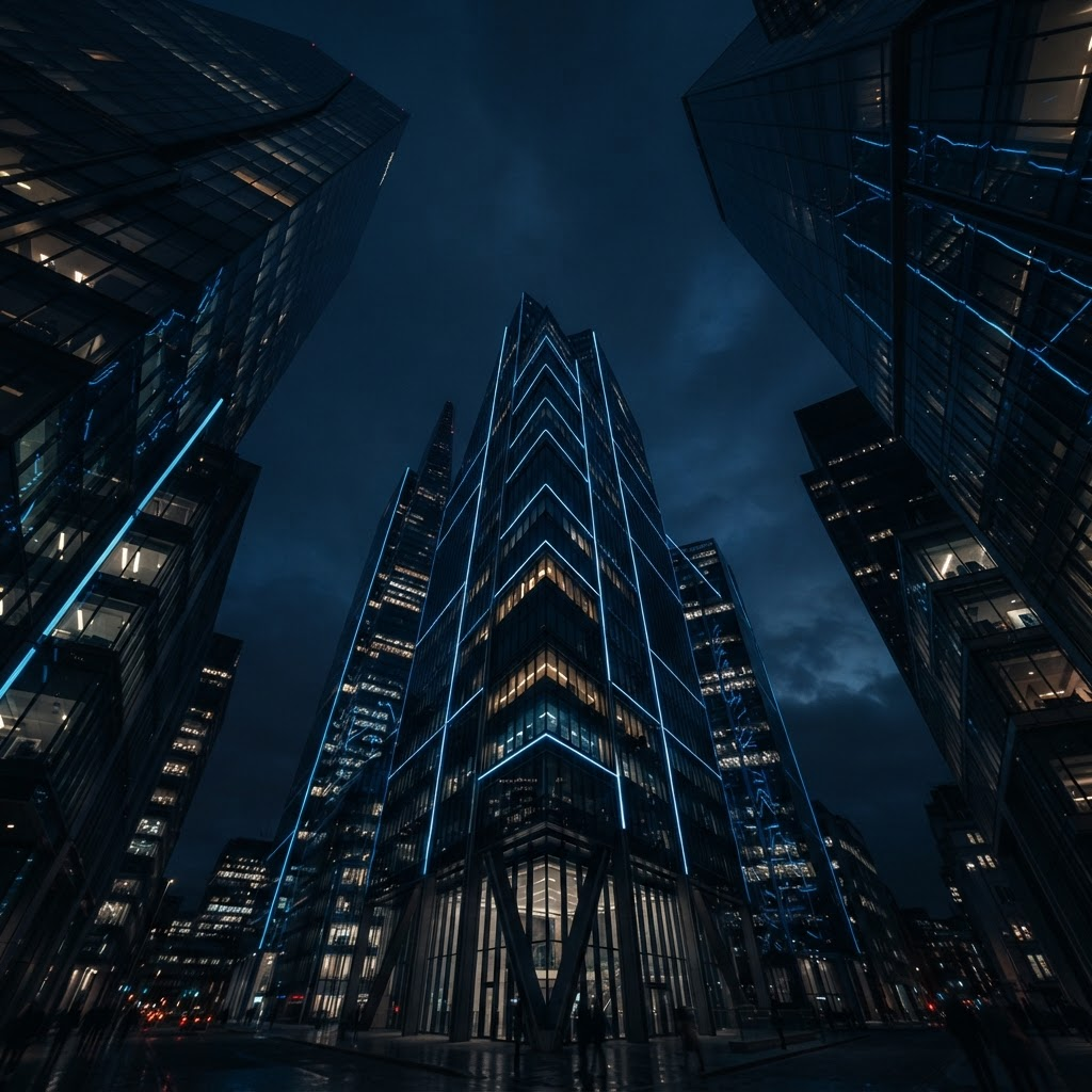 Modern glass towers of a financial district at dusk